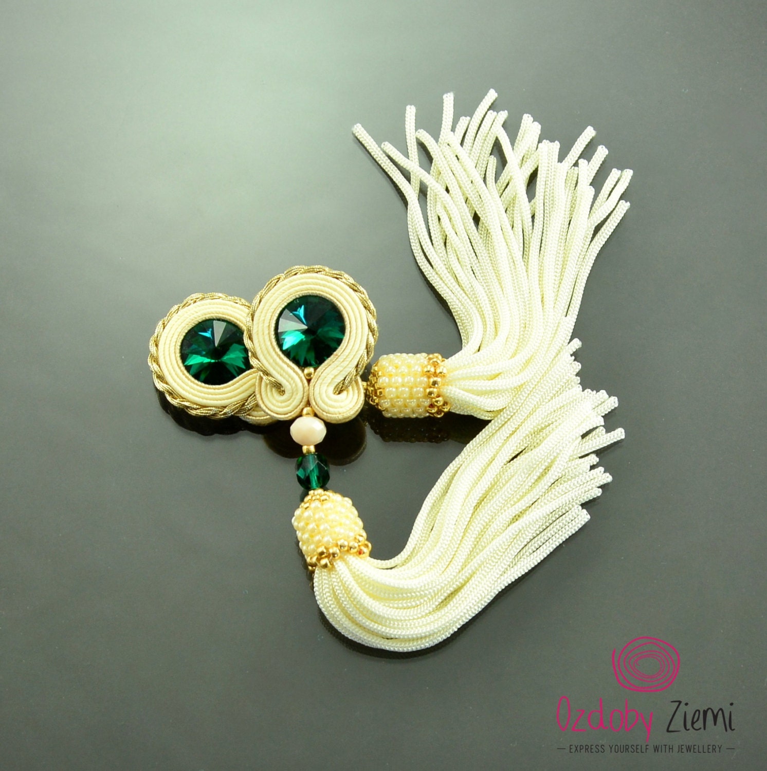Green tassel earrings creamy gold soutache earrings long
