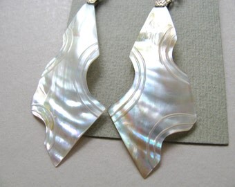 Shell earrings, carved shell, lightweight, 2 and 1 half inch, silver earwires, vintage earrings B-1966