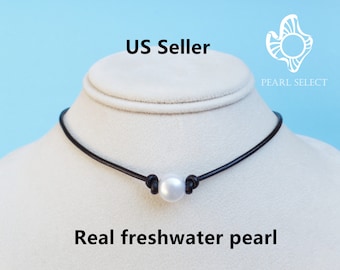 pearl choker necklace,black choker,single pearl necklace,pearl leather necklace,Adjustable pearl necklace,pearl choker necklace