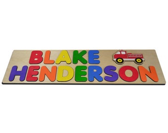 Fire Truck Personalized Wooden Name Puzzle With Two Names A Truck and Primary Colors id406932206