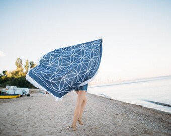 Large Roundie Bohemian Circle Towel Boho Beach Blanket Picnic Roundie Sacred Geometry Tapestry Beach Yoga Mat Flower of Life