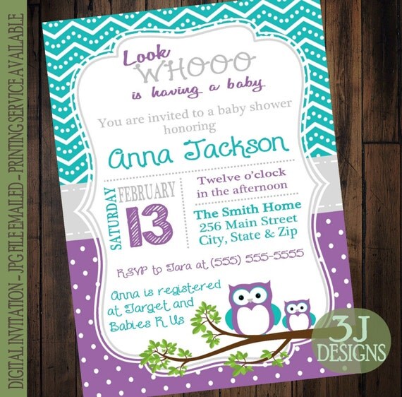 Purple & Teal Owl Baby Shower Invitation Digital JPG Copy