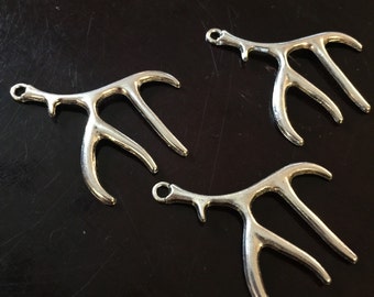 3PC Large 3D Deer Antler Charm-Hunter Charm-Deer Charm-Antique Silver Tone Charms