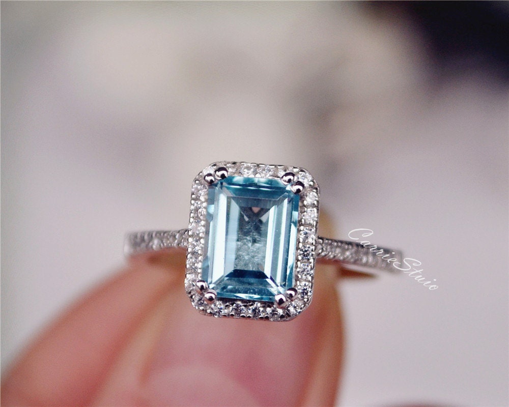 Natural Sky Blue Topaz Ring Emerald Cut Topaz Engagement Ring