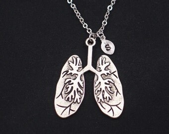 large lungs necklace, initial necklace, silver human lungs charm, anatomy charm, anatomy jewelry, nurse, doctor gift, steampunk, halloween