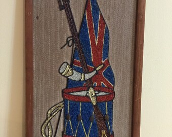 Pebble Art Wallhanging|Gravel Mosaic | Patriotic Motif | Mid Century Craft | Completed Kit | Flag and Drum | Ready to Hang | Gift for Him |