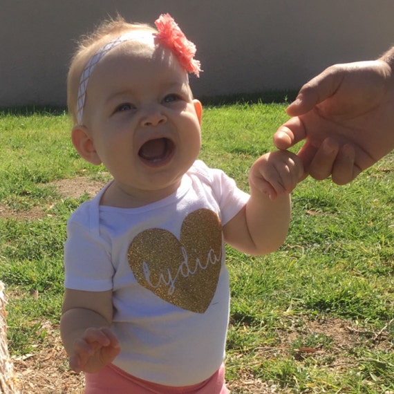 Personalized Glitter Heart Onesie // gold pink by LiddyBugDesigns