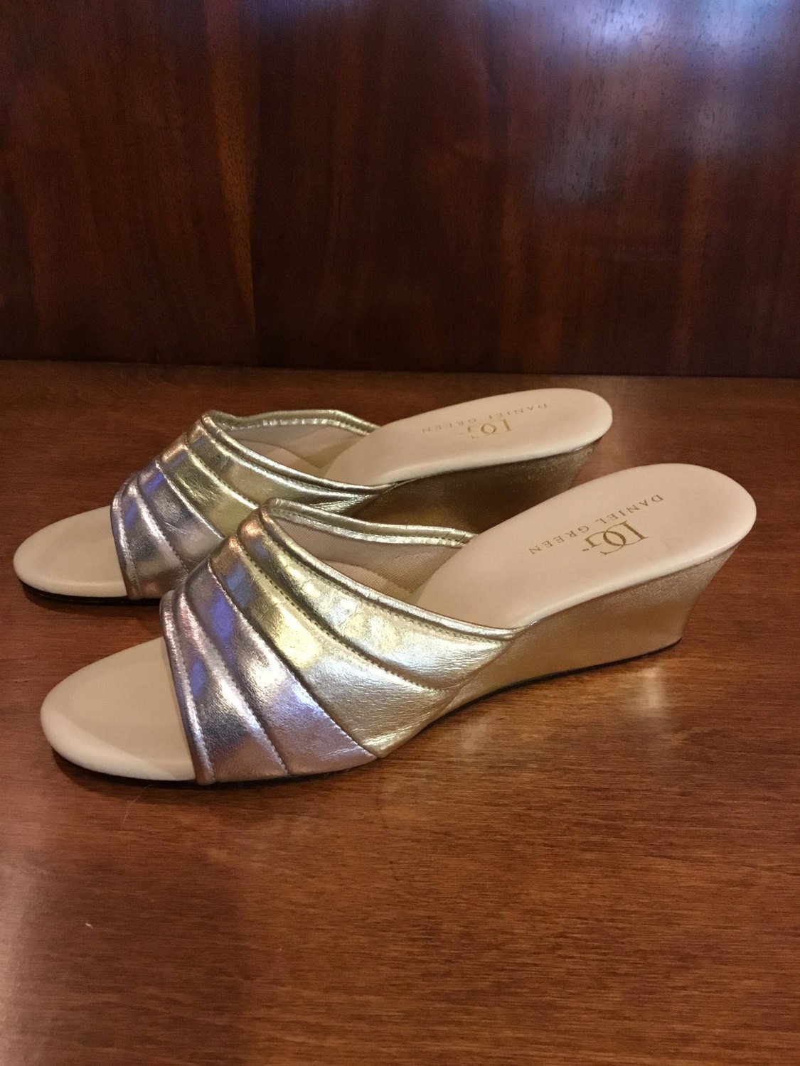 Vintage Daniel Green Silver & Gold Wedge Slides Mules
