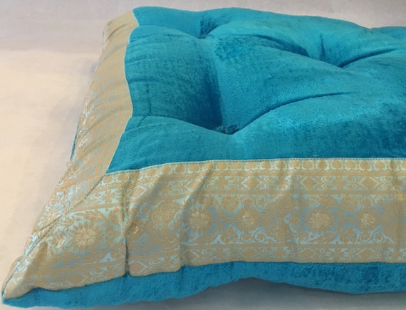 Turquoise velvet Tufted floor cushion meditation by TaraDesignLA
