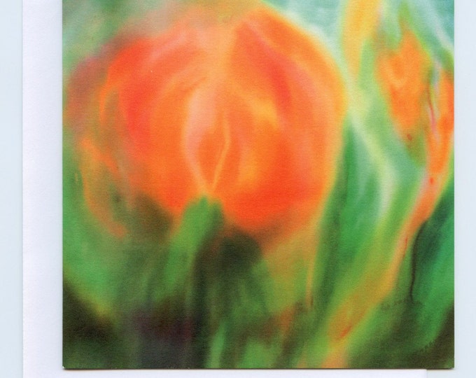 Waldorf watercolour art card, Orange flower with Fire spirits, birthday card, anniversary card, blank card, thank you card,