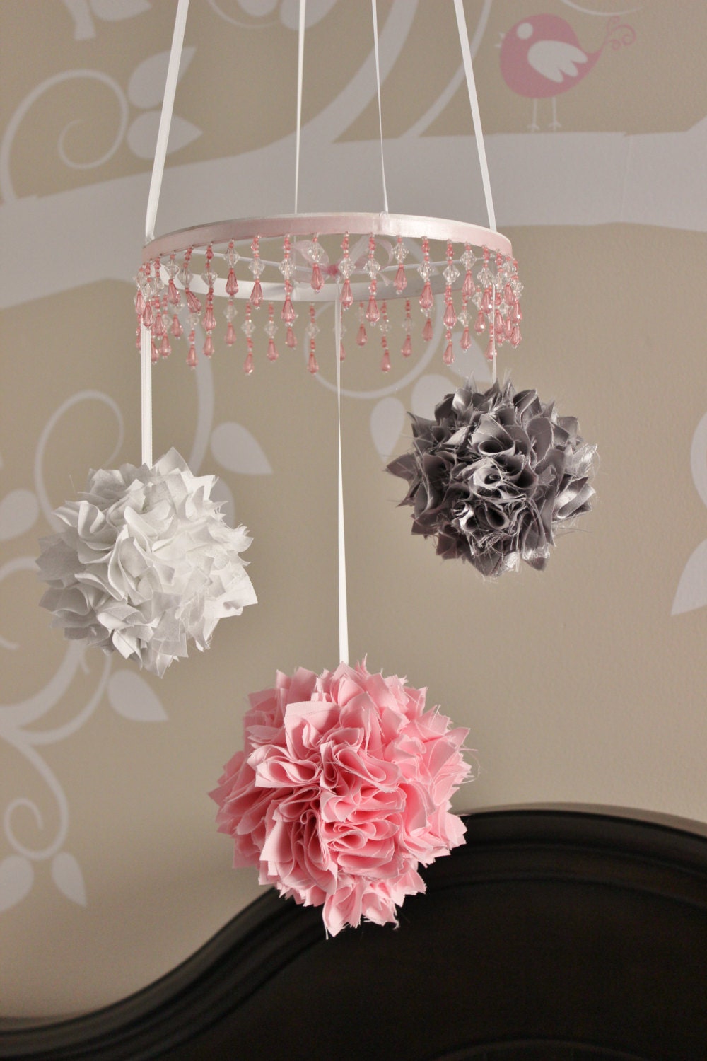 Shabby chic baby mobile pink and gray pom pom crystal nursery