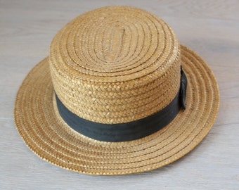 Vintage Mens Straw Boater Hat With Black Grosgrain Ribbon Size 22.5 inches
