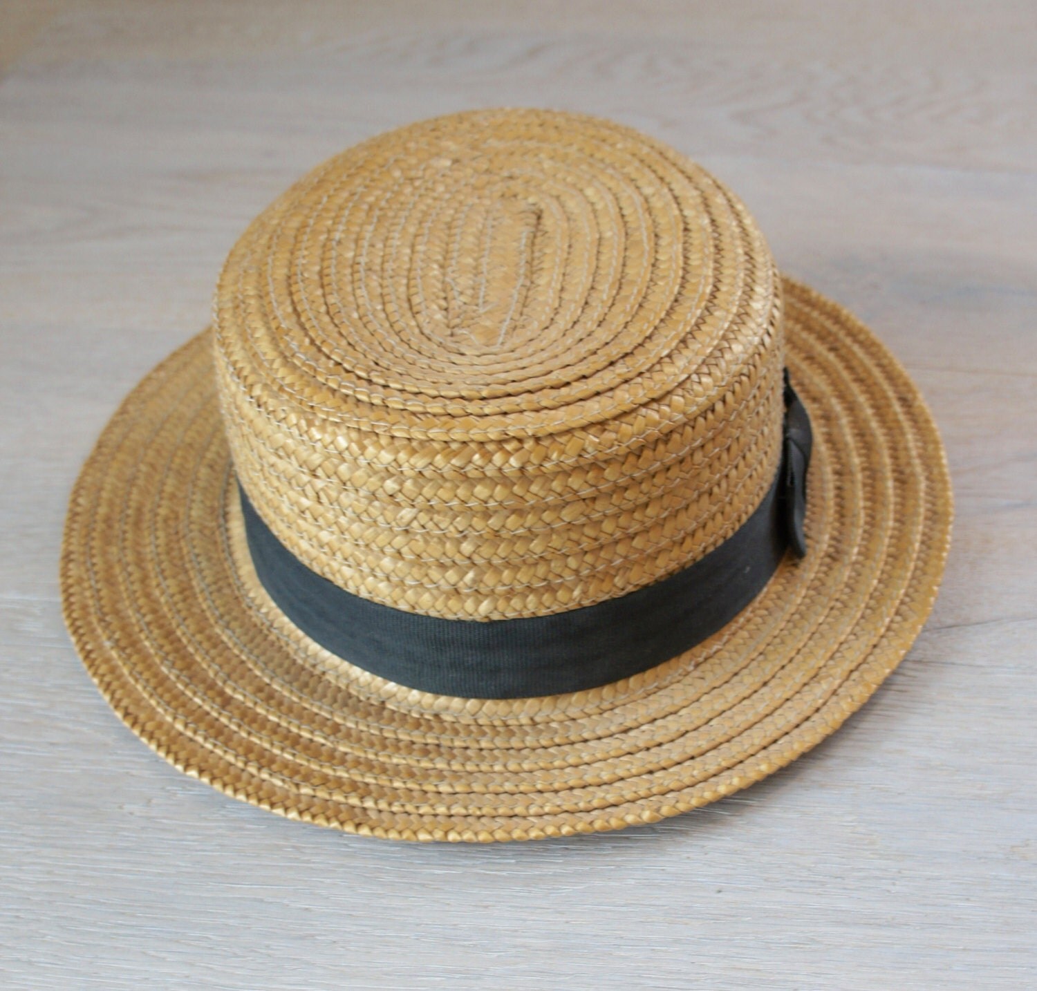 Vintage Mens Straw Boater Hat With Black Grosgrain Ribbon Size
