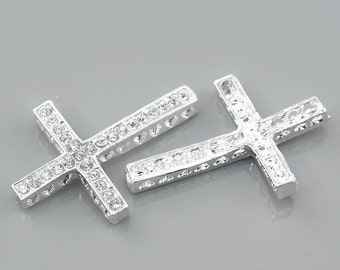 10 Connector Cross Silver Plated Clear Rhinestone, Cross Charms, Sideway Cross 38mm x 24mm, Rhinestone Charms, Connectors, 1822, 313a