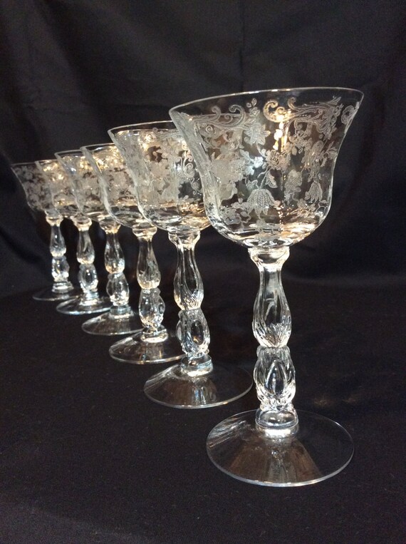 6 Vintage Cambridge Etched Glass Chantilly Stems Glasses