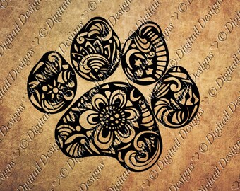 Zentangle Paw Print SVG, dxf, fcm, eps, ai, png cut file for Silhouette, Cricut, Scan N Cut. Paw Print Cut File Doodle Paw Print