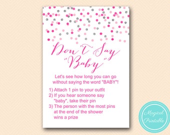 Dont Say Baby Game, Dont say baby sign, Clothespin Game Printable, Girl Baby Shower Game, Pink Silver Baby Shower Game Printable TLC179 MB