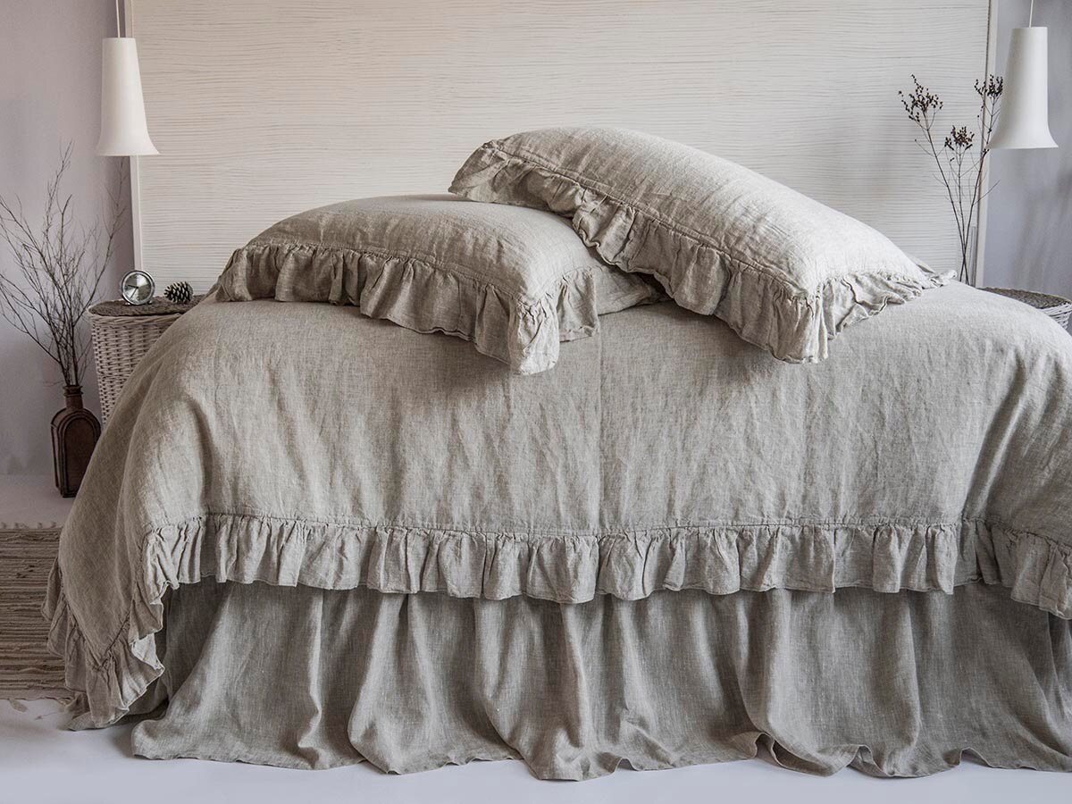 100 Linen Luxury French Vintage Frilled Duvet Cover & Set