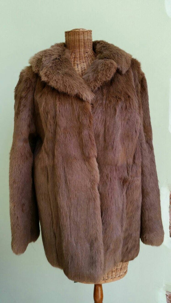 Real Coney Fur Jacket 60s Caramel Brown Coat UK 12 14. Soft