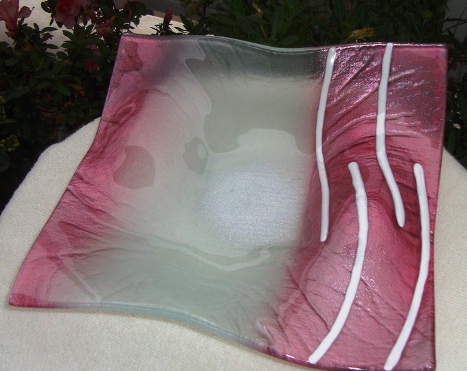 Vintage Quadrate Handmade Fused Glass Bowl, Pink Purple White Fused Glass Serving Bowl, Design Decorative Art Glass Plate, Housewarming Gift
