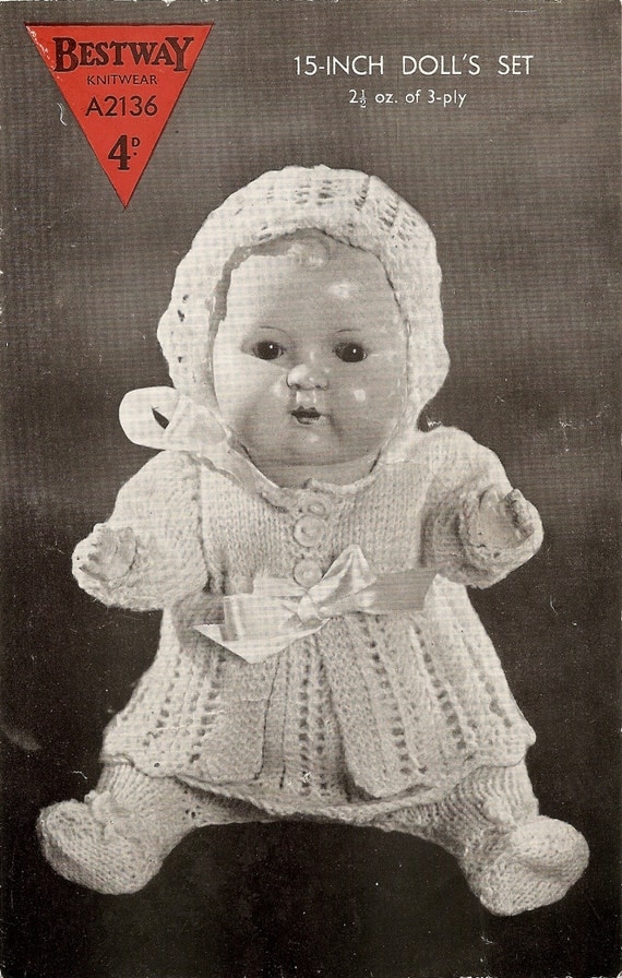 Knitting Pattern Dolls Matinee Coat Dress Bonnet And