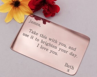 Wallet Insert, copper wallet insert, engraved wallet card, great boyfriend gift, husband gift, personalised gift, custom gift, gift for him