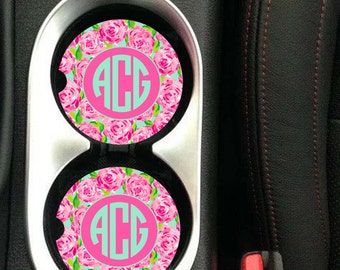 Car Coaster Monogrammed,Personalized Car Coaster,Monogram Car Coaster,Lilly Pulitzer Inspired His Her Gifts Party Gifts Cup Holder Coaster