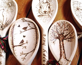 Pyrography wooden spoon, personalised gift, add a name, pagan gift, hare, tree of life, dandelion, birds, handmade