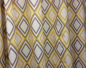 Two curtain panels 75W x 64L grommet top, lined drapes, extra Diamond pattern yellow, taupe on oatmeal linen background