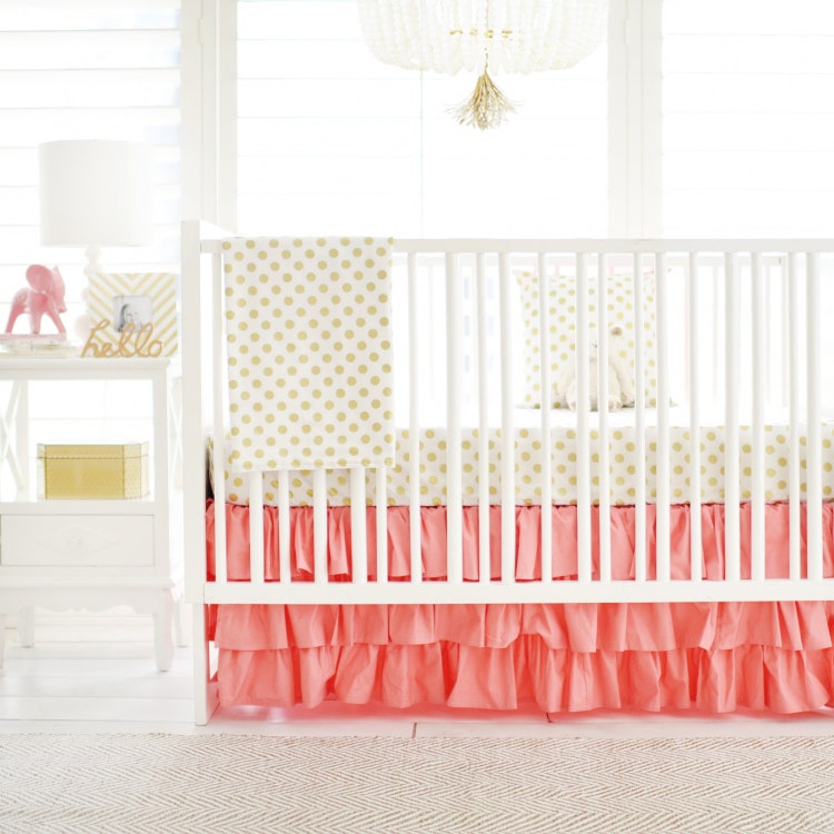 Coral and Gold Crib Bedding for Baby Girl by ThreeWishesBeddingCo