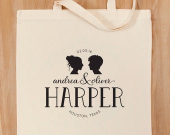 Custom Wedding Logo Tote Bag – Silhouette – Wedding Date – Wedding Party – Bride and Groom – Bridesmaids – Wedding Day Tote – Wedding Emblem