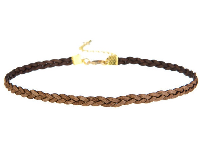 3 Strand Brown Braided Leather Choker
