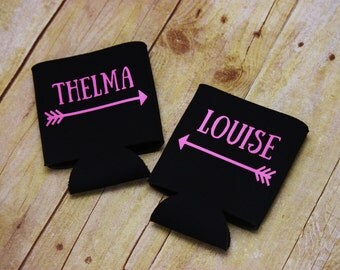 Thelma and Louise Set of 2 Can Cooler Beverage Holder Drink Hugger Black Bubblegum Pink