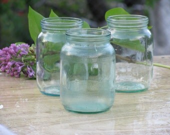 Vintage baby food Jar Soviet juice Bottles fruit puree cans USSR apple jam light blue glass set 3 Small jars Rustic bride Wedding decor