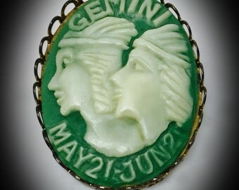 vintage celluloid cameo style Gemini brooch green ivory carved celluloid astrology zodiac pin