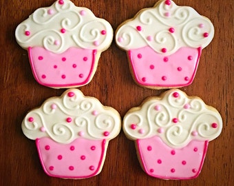 One Dozen - Cupcake Cookies - Cupcake Birthday Party Favors - Pink Cupcakes Celebration