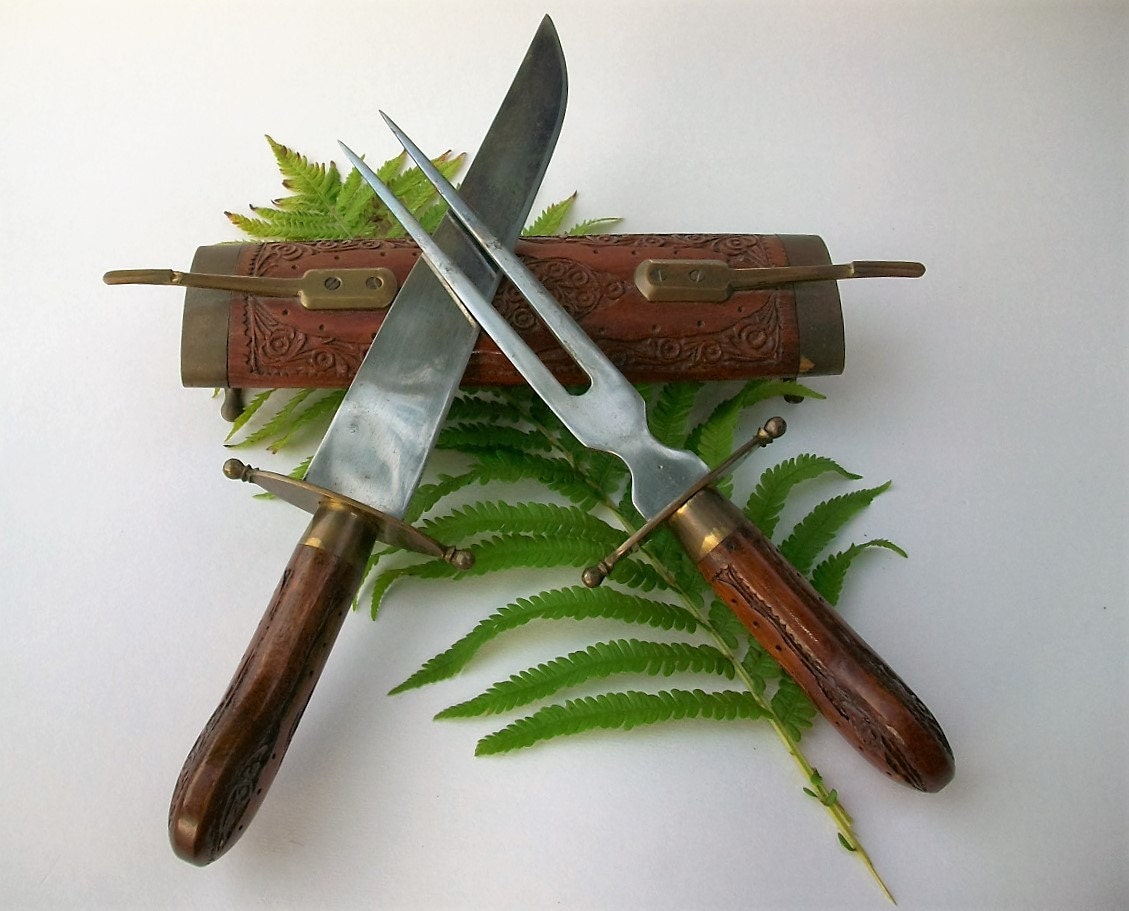 Carving Set Vintage Hand Carved Wooden and Brass Cutlery Set Carving Knife, Serving Fork