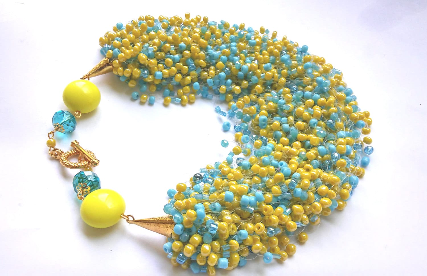 Blue and yellow seed bead necklace blue yellow jewelry