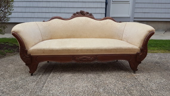 Antique Victorian White Sofa Mahogany Carved Vintage Couch