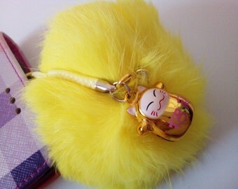 Yellow Fur Ball Chinese Japanese Maneki Neko Gold Color Lucky Money Cat Ball Charm Cellphone Mobile Phone Strap Bag Zipper Chain Decoration