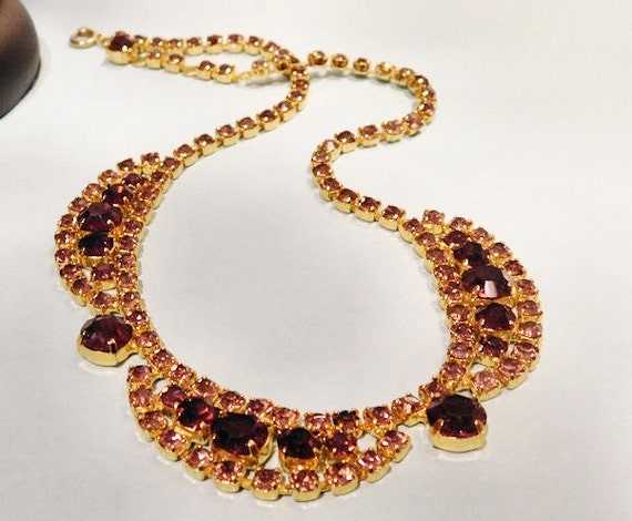 Vintage Rhinestone Necklace Mid Century Hollywood Glam Purple Amethyst Glass Rhinestone Swag Choker Art Deco Revival Articulated Necklace