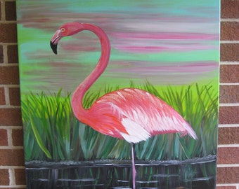 Large Flamingo Painting Hand Painted Flamingo Pink Flamingo Abstract Art