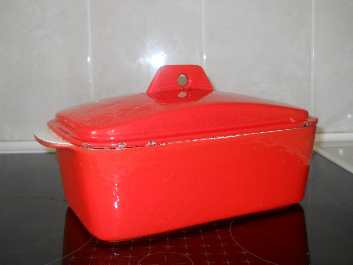 Vintage Cast Iron Enamel Pot. Russian Red Enamel Pot. Red Cast