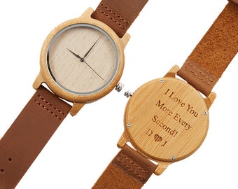 Men's Watch, Engraved Wooden Watch, Husband Gift, Groomsmen Gift, Bamboo Leather Watch