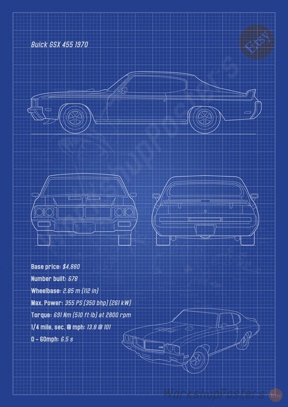 Buick GSX 455 1970 Blueprint poster black and white one