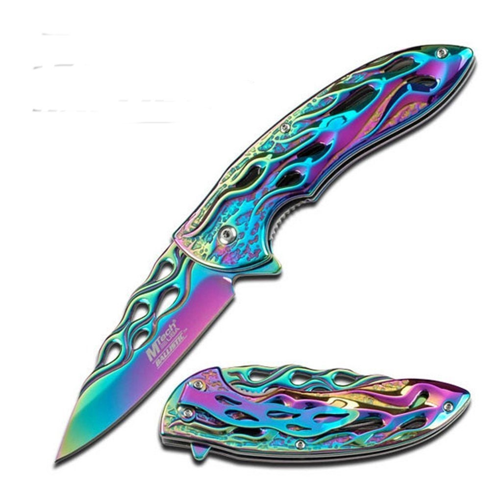 Rainbow Folding Knife Flame Cutouts With Pocket By StetsonKnives