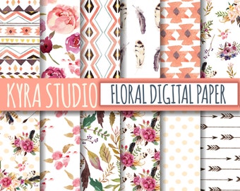 Rustic Digital Papers Boho Aztec Tribal Scrapbooking Peonies Pink Floral Flowers Leaves Polka Dot 12x12 Inches Printable papers 12 Sheets