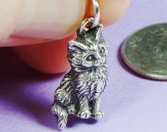 Maine Coon Kitten II Sterling Silver Charm for Bracelet,Cat Lover Gift for Her,Maine Coon Cat Ornament,Silver Kitten Charm,Furry Kitten