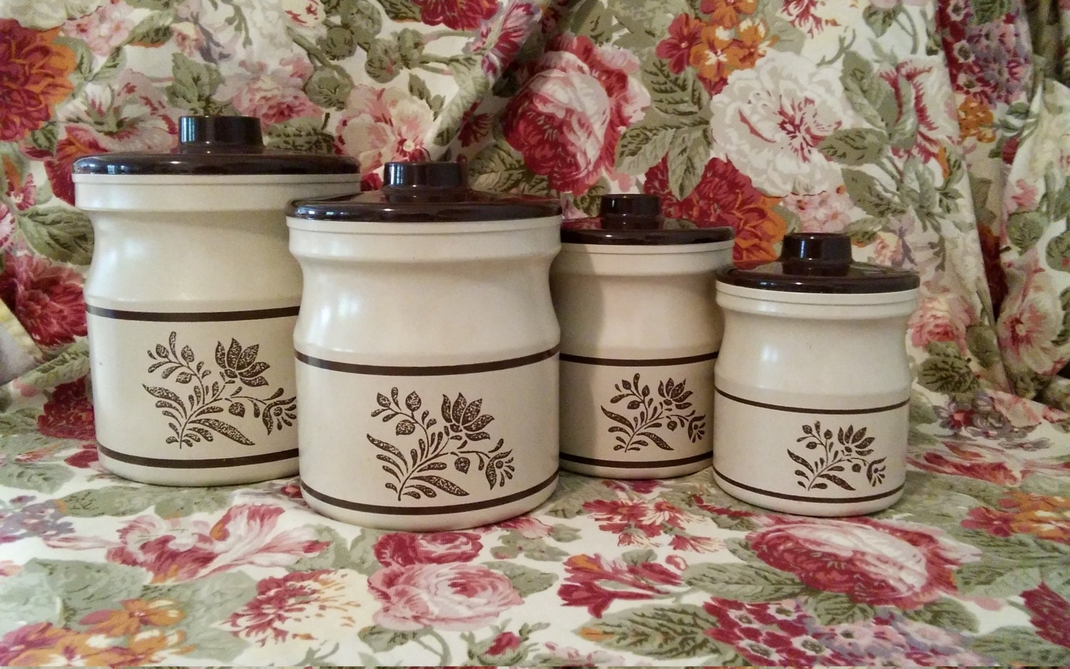 Kromex Brown tin kitchen canisters/nesting canister set