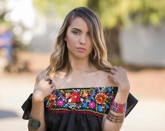 Off the Shoulder Mexican Blouse with Handmade Embroidery Flower Details - LILA by HUMA